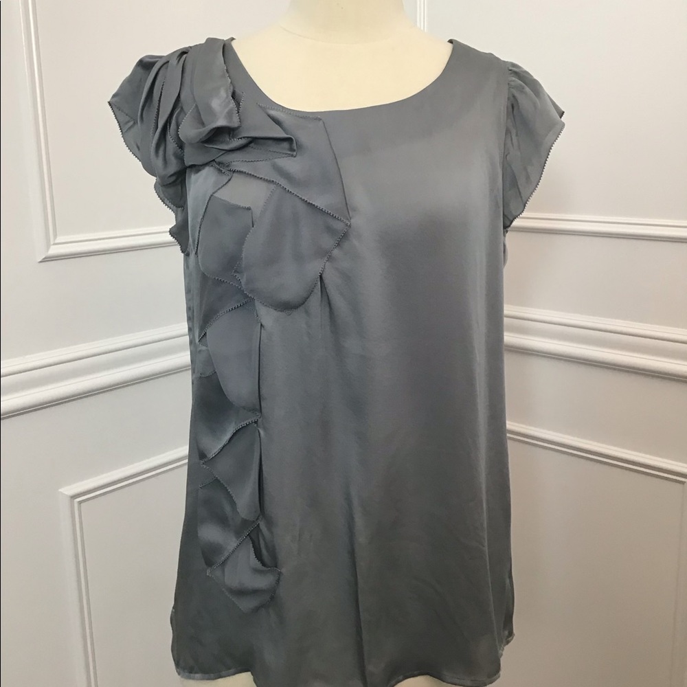 NWOT RED Valentino gray silk ruffle shirt.